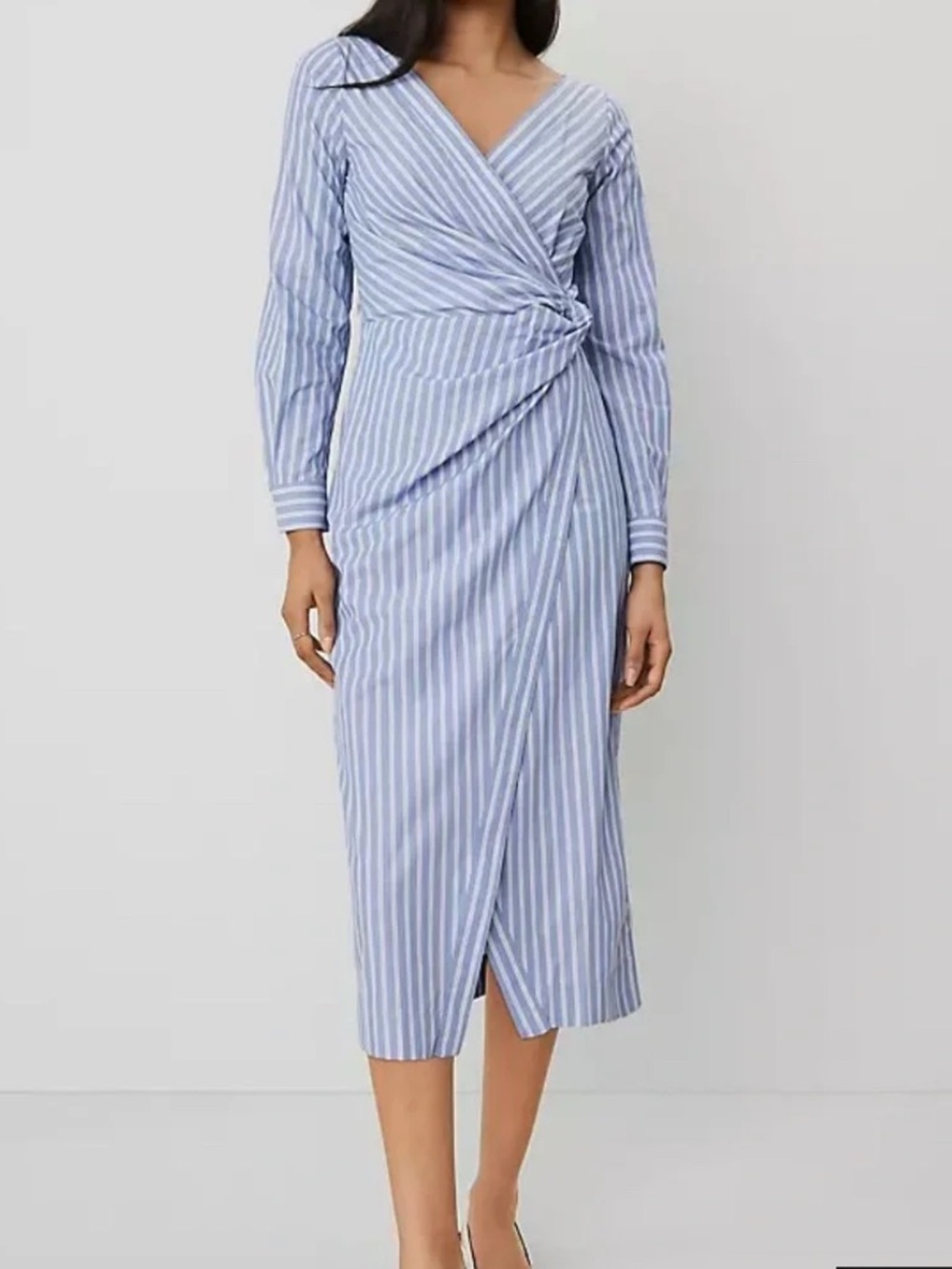 Ann Taylor Light Blue and White Striped Wrap Midi Dress
